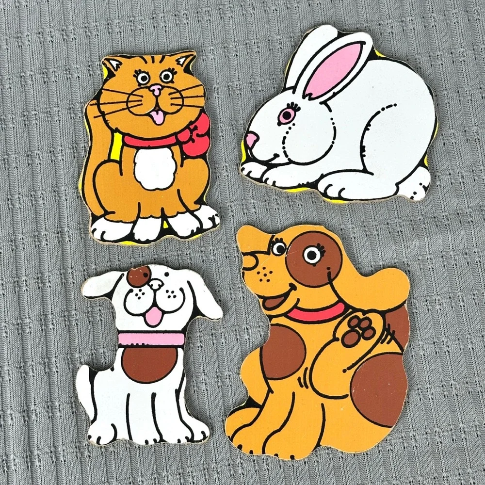 Vintage My Pets Wooden Peg Puzzle 4 Pieces Cat Dog Rabbit Puppy Made in USA
